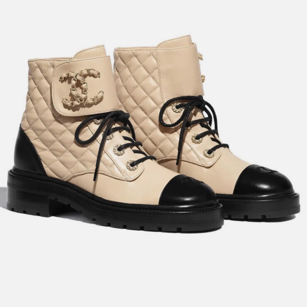 CHANEL Shiny Lambskin Quilted Lace Up Combat Boots